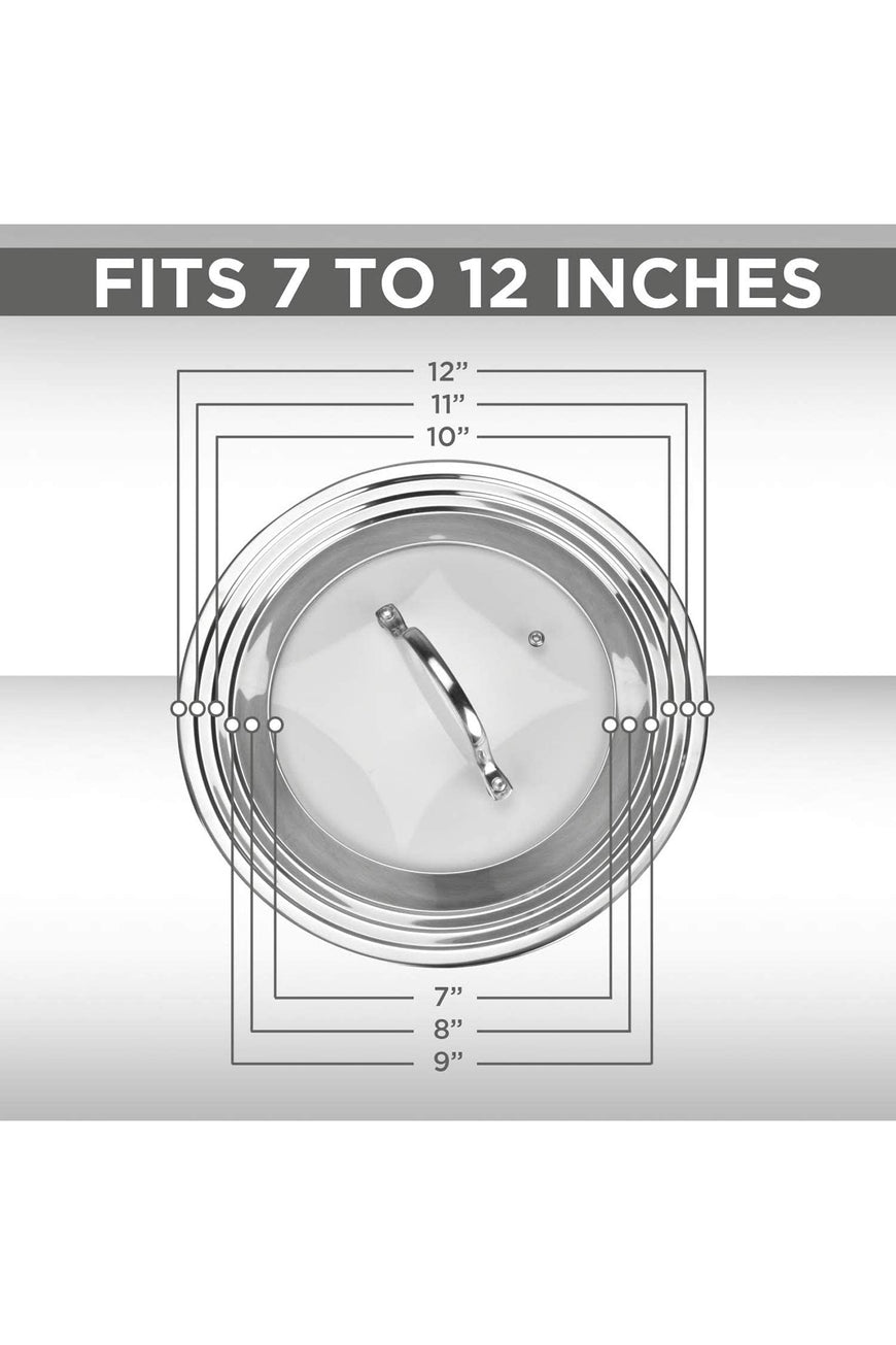 Universal Lid for Pots, Pans and Skillets, Stainless Steel and Tempered Glass, Fits All 7 Inch to 12 Inch Pots and Pans, Replacement Cookware Frying Pan Cover and Cast Iron Skillet Lid