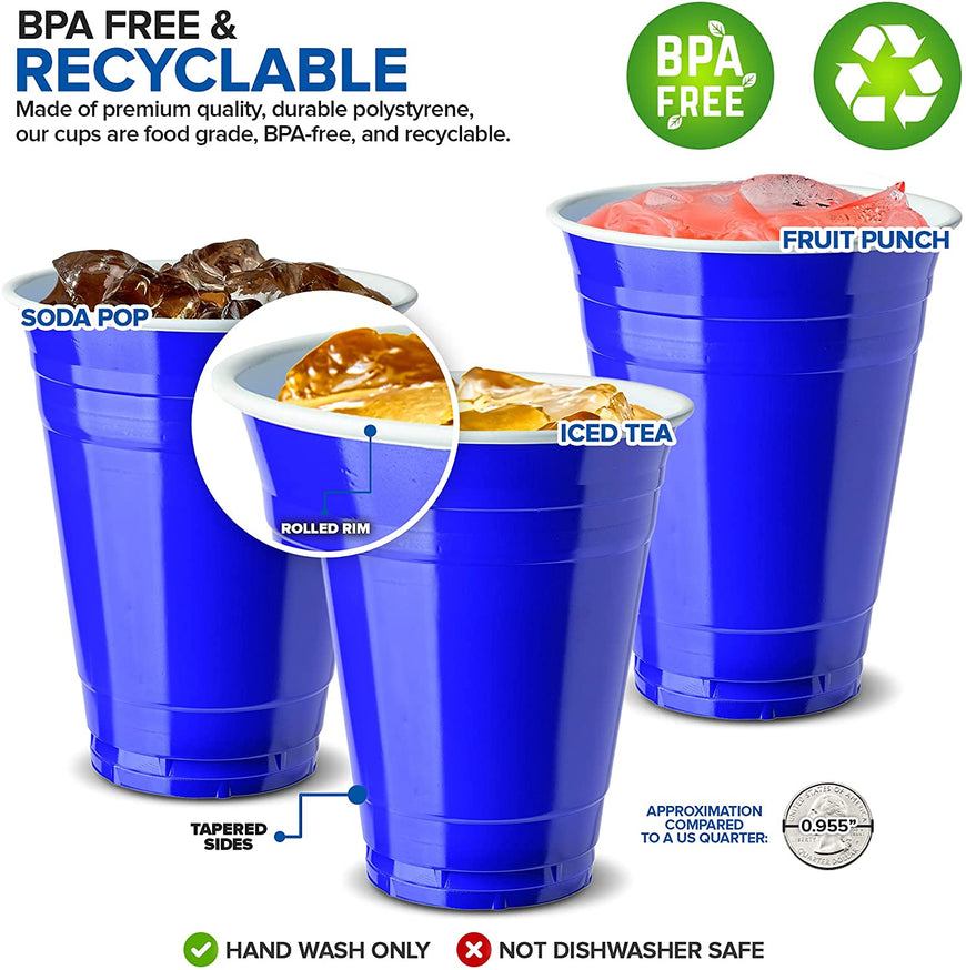 16-Ounce Plastic Party Cups in Blue (100 Pack) - Disposable Plastic Cups - Recyclable - Blue Cups with Fill Lines - Reusable Plastic Cups for Drinks, Soda, Punch, Barbecues, Picnics - Stock Your Home