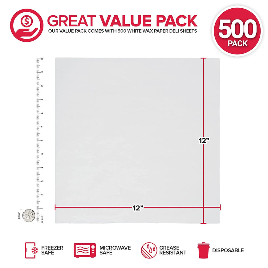 Stock Your Home 12 x 12 Grease Proof Deli Wrapper (500 Pack) - Pre Cut Natural Wax Paper Sheets - Recyclable Food Basket Liners - White Deli Papers For Sandwiches, Lining Wire Food Baskets, Food Trays