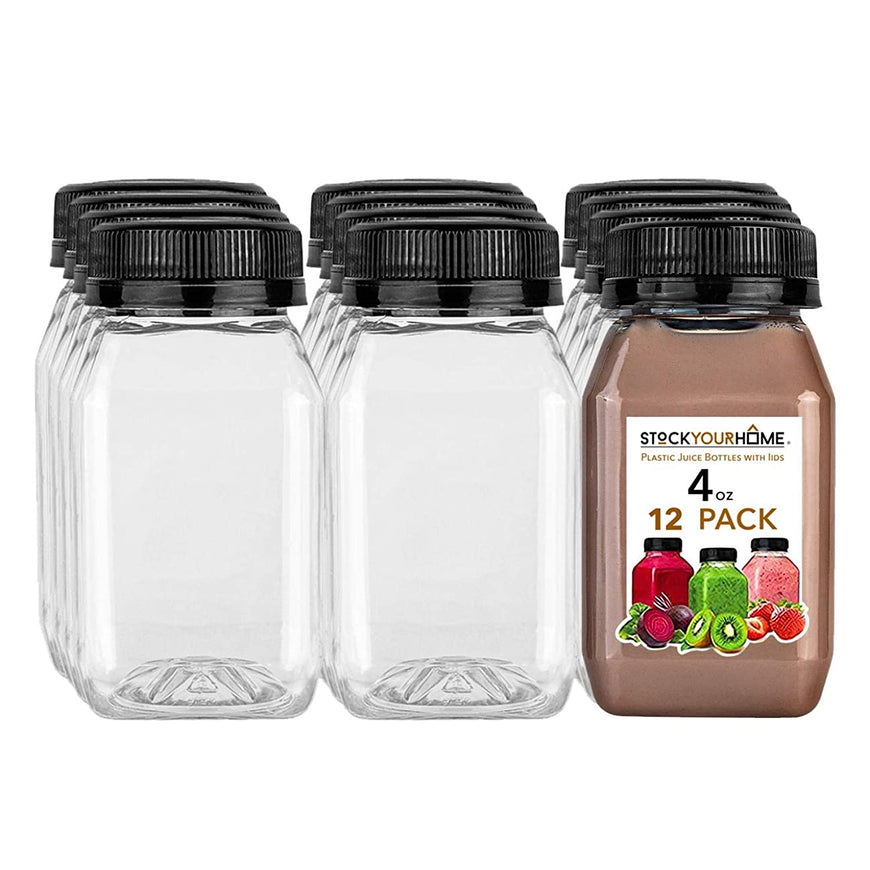 Stock Your Home Plastic Juice Bottles with Lids, Juice Drink Containers with Caps for Juicing Smoothie Drinking Cold Beverages, 4 Oz, 12 Count