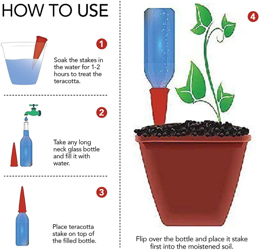 Plant Self-Watering Stakes for Indoor Outdoor Plants (4 Count) Terracotta Plant Watering Spikes for Recycled Wine Bottles to Water Plant at Home or on Vacation - Automatic Irrigation System for Plants