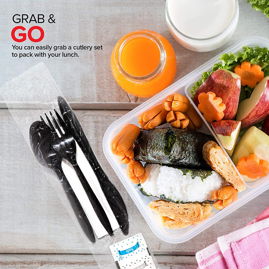 Stock Your Home Plastic Cutlery Packets with Salt & Pepper in Black (250 Count) - Wrapped Cutlery - Plastic Utensils Individually Wrapped for Take Out, Delivery, Cafeterias, Restaurants, Uber Eats