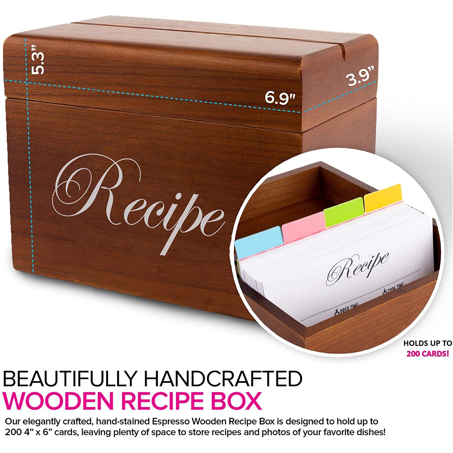 Stock Your Home Hand-Crafted Wooden Recipe Box - 75 Recipe Cards and 8
