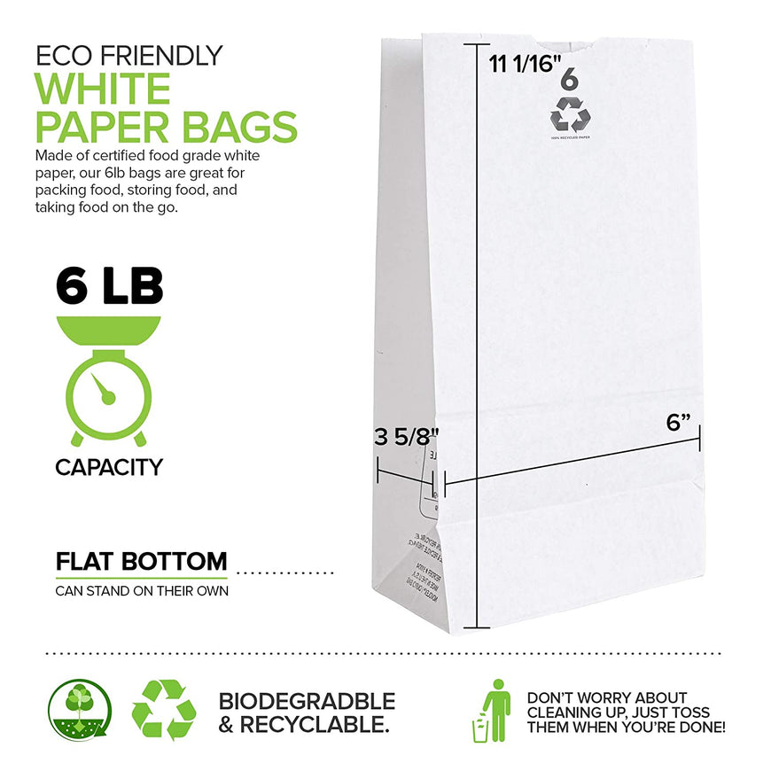 Stock Your Home 6 Lb White Paper Bags (200 Count) - Eco Friendly White Lunch Bags - Small White Paper Bags for Packing Lunch & Snacks - Blank White Lunch Bags Paper for Arts & Crafts Projects
