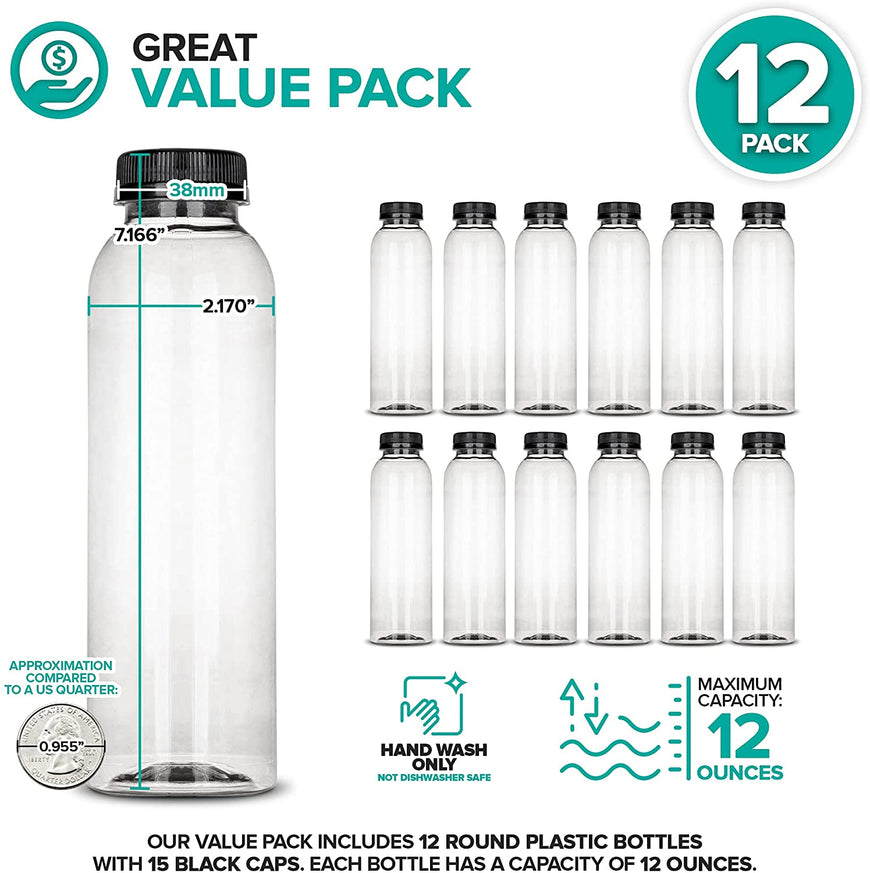 12 Oz Round Plastic Bottles with Caps (12 Pack) - BPA-Free Juice Bottles with Lids - Food Grade Plastic Bottles - Tamper Proof Caps - Bottles for Juice, Milk, Protein Shake, Smoothie - Stock Your Home