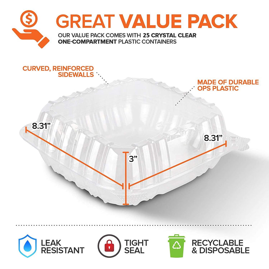 Stock Your Home Plastic 8 x 8 Inch Clamshell Takeout Tray (25 Count) - Dessert Containers - Plastic Hinged Food Container - Disposable Plastic Clamshell Food Containers for Salads, Pasta, Sandwiches…