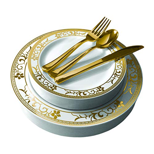 Stock Your Home 125 pc Fancy Disposable Plates with Cutlery Set - Gold