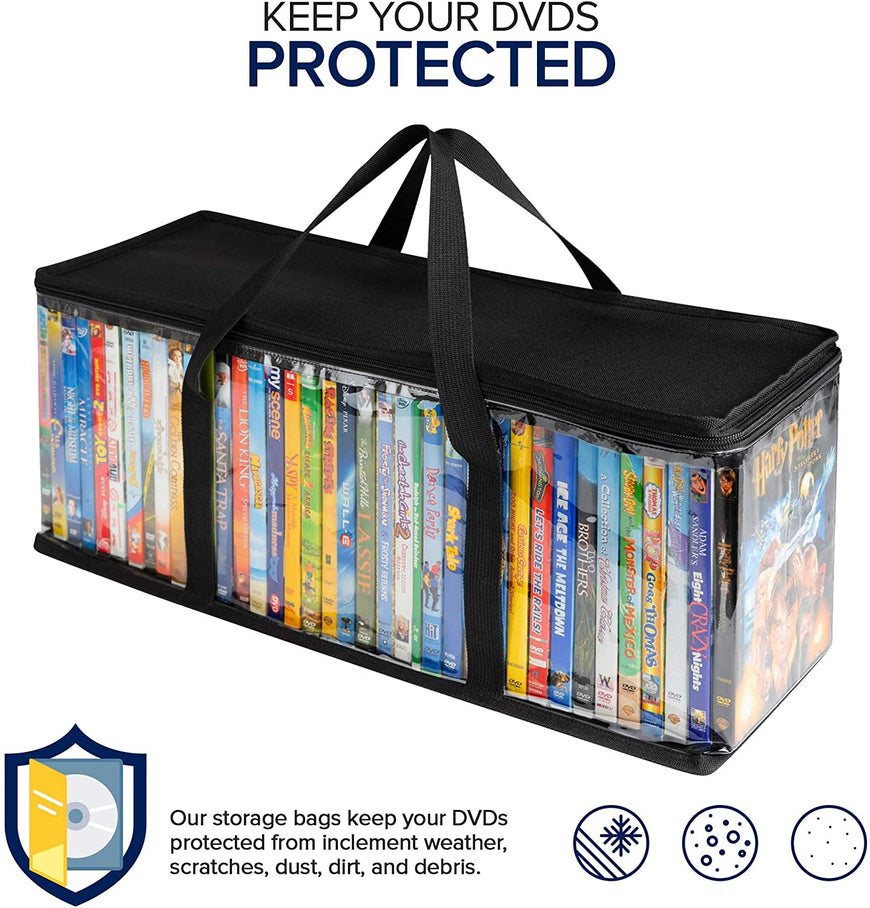 Stock Your Home DVD Storage Bags (2 Pack) - Transparent PVC Media Storage - Water Resistant DVD Holder Case with Handles - Clear Plastic Carrying Game Bag Storage for DVDs, CDs, Video Games, Books