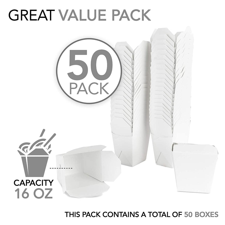 Paper Take Out Food Containers 16 Oz Microwaveable White Chinese Takeout Boxes (50 Pack) - Eco Friendly Disposable Leak and Grease Resistant Travel to Go Food Containers for Restaurants - Gift Box