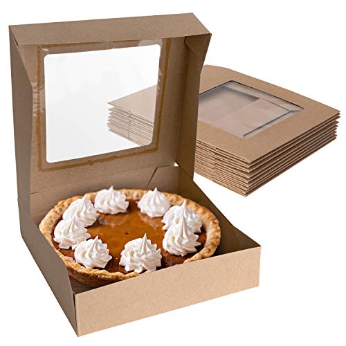 10 x 10 x 2.5 Inch Kraft Pie Box with Viewing Window (10 Count)-Medium Bakery Box - Auto Pop Cake Box Design - Pie Box with Viewing Window for Strawberries, Smash Hearts, Pastry,Treats-Stock Your Home
