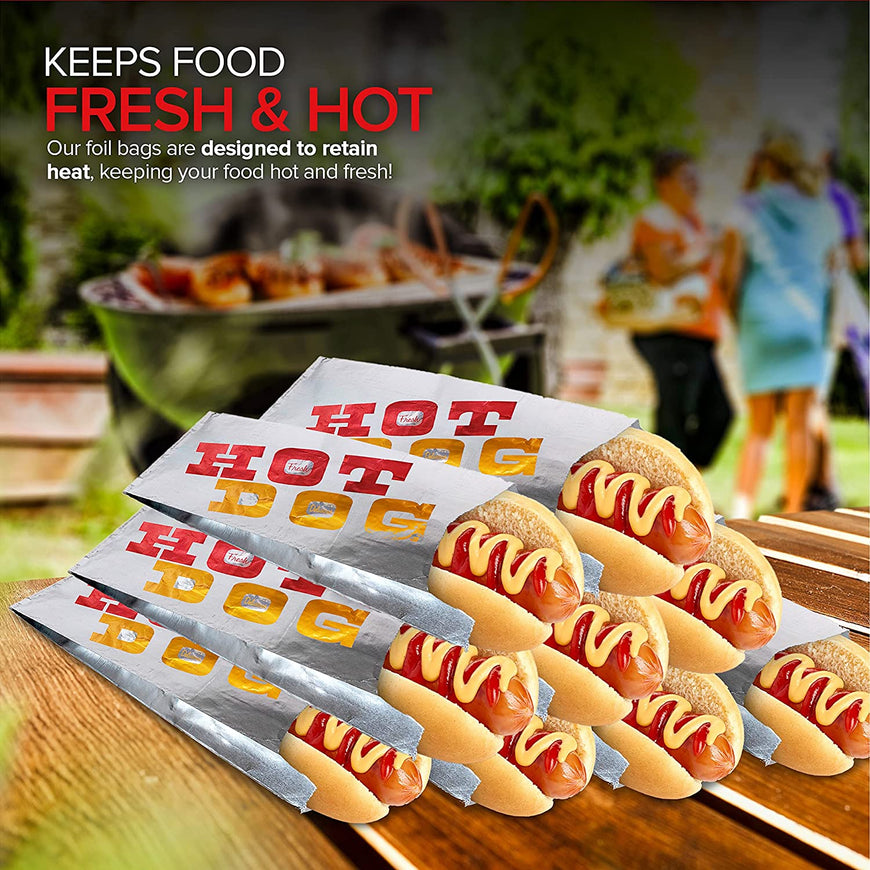 Aluminum Foil Hot Dog Wrappers (200 Pack) - Grease-Resistant Hot Dog Bags - Heat Retentive Hot Dog Sleeves - Keeps Food Hot - Disposable Hot Dog Bags for Fast Food, Food Truck, Fair - Stock Your Home