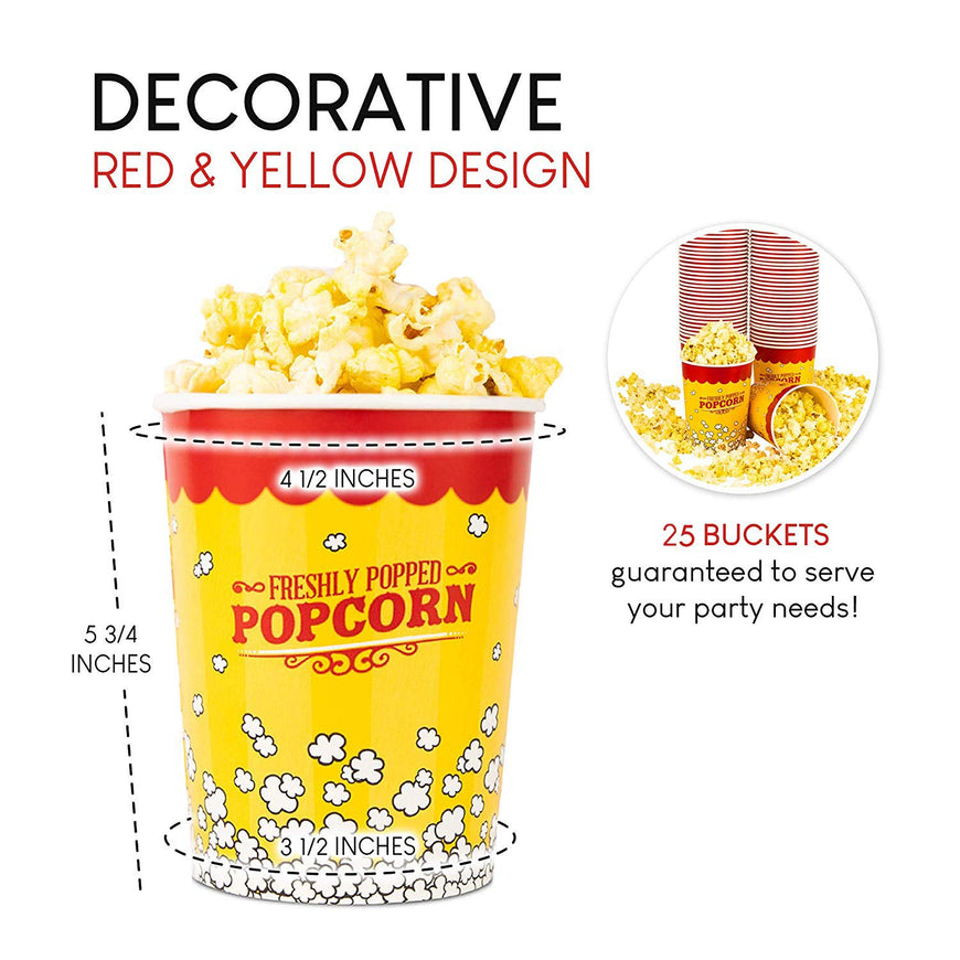 Stock Your Home 32 Oz Popcorn Bucket (25 Count) Paper Popcorn Cups for Movie Theater Concsession Carnival Party - Yellow and Red Reusable Popcorn Containers