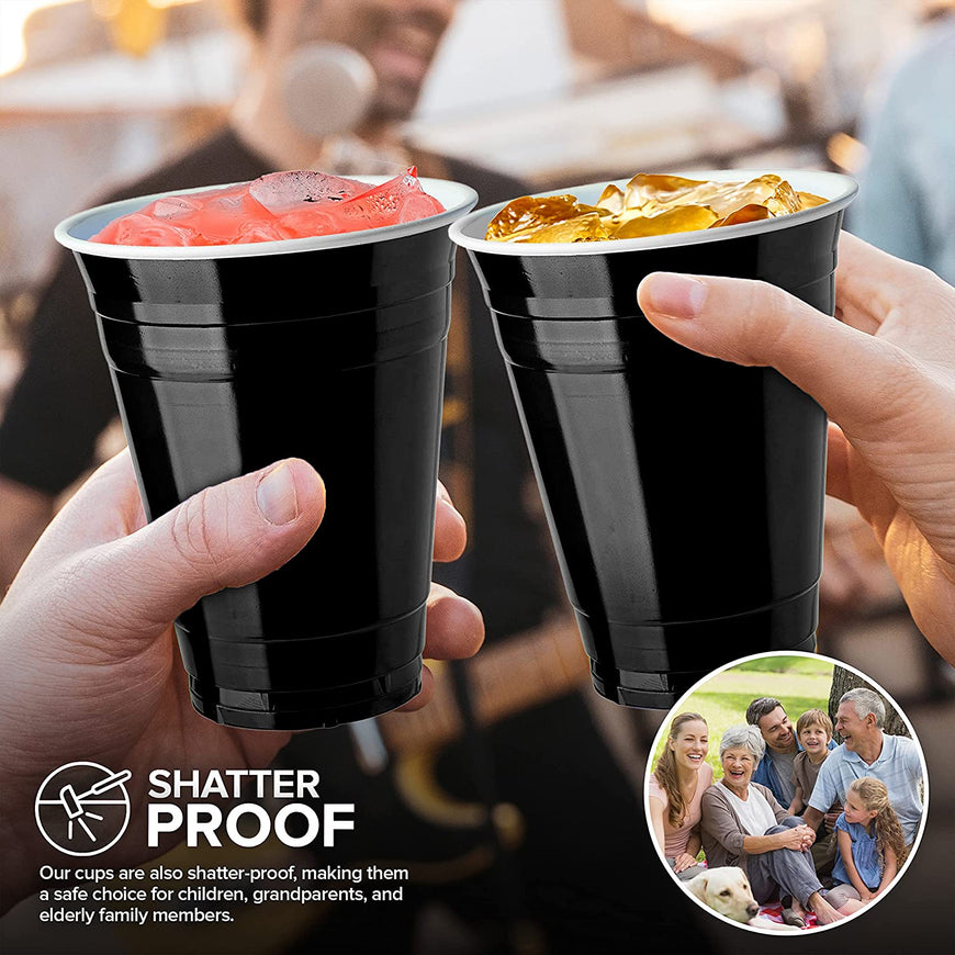 16-Ounce Plastic Party Cups in Black (50 Pack) - Disposable Plastic Cups - Recyclable - Black Cups with Fill Lines - Reusable Plastic Cups for Drinks, Soda, Punch, Barbecues, Picnics - Stock Your Home