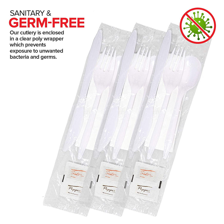 Stock Your Home Plastic Cutlery Packets with Salt & Pepper in White (250 Count) - Wrapped Cutlery - Plastic Utensils Individually Wrapped for Take Out, Delivery, Cafeterias, Restaurants, Uber Eats