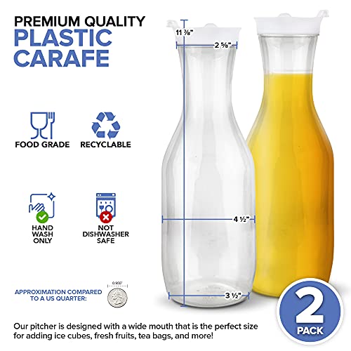 Stock Your Home 50 oz Plastic Water Carafes with White Flip Tab Lids (2  Pack) - Food Grade & Recyclable Shatterproof Pitchers - Juice Jar for