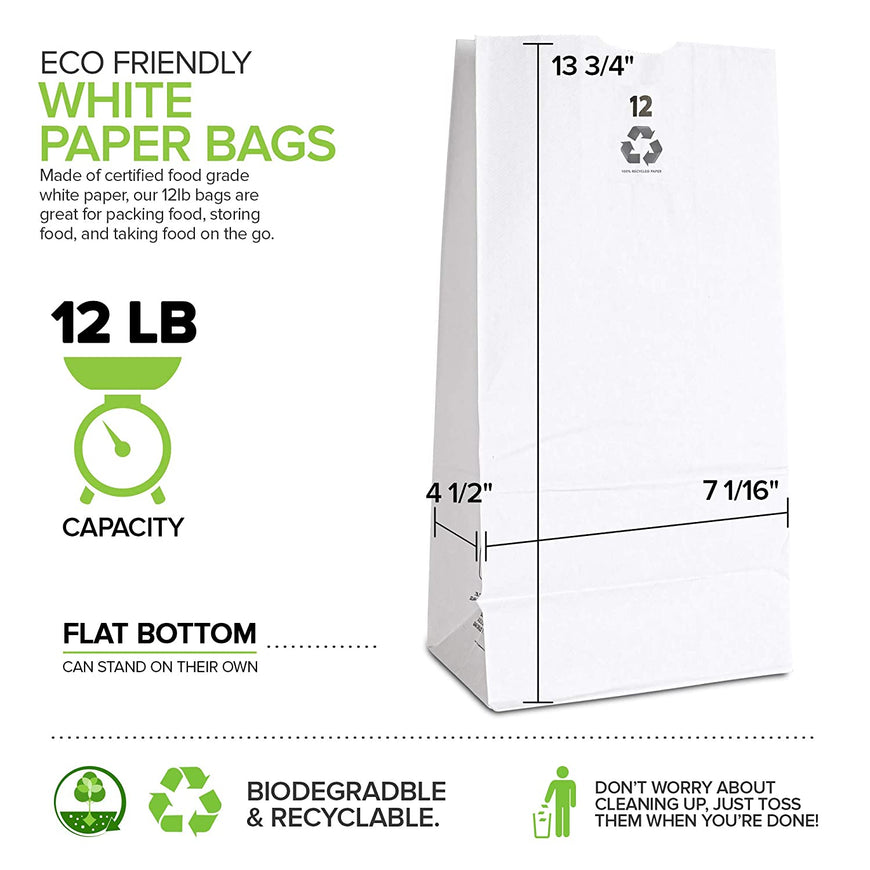 Stock Your Home 12 Lb White Paper Bags (100 Count) - Eco Friendly White Lunch Bags - White Paper Bags for Packing Lunch & Snacks - Blank White Lunch Bags Paper for Arts & Crafts Projects