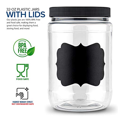 Stock Your Home 32 oz Plastic Jars w/ Chalk & Sticker (6 Pack) - BPA Free Plastic Mason Jars for Kitchen - Pantry Jars with Airtight Lids for Storing Rice, Pasta, Coffee, Grains, Candy, Cookies