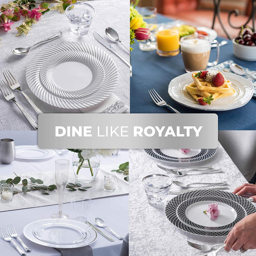 Stock Your Home Elegant 125 Piece Silver Rim Plastic Place Setting Set with Silverware - Solid, Disposable & Heavy-duty Includes: 25 Dinner Plates, 25 Dessert Plates, 25 Forks, 25 Knives, 25 Spoons