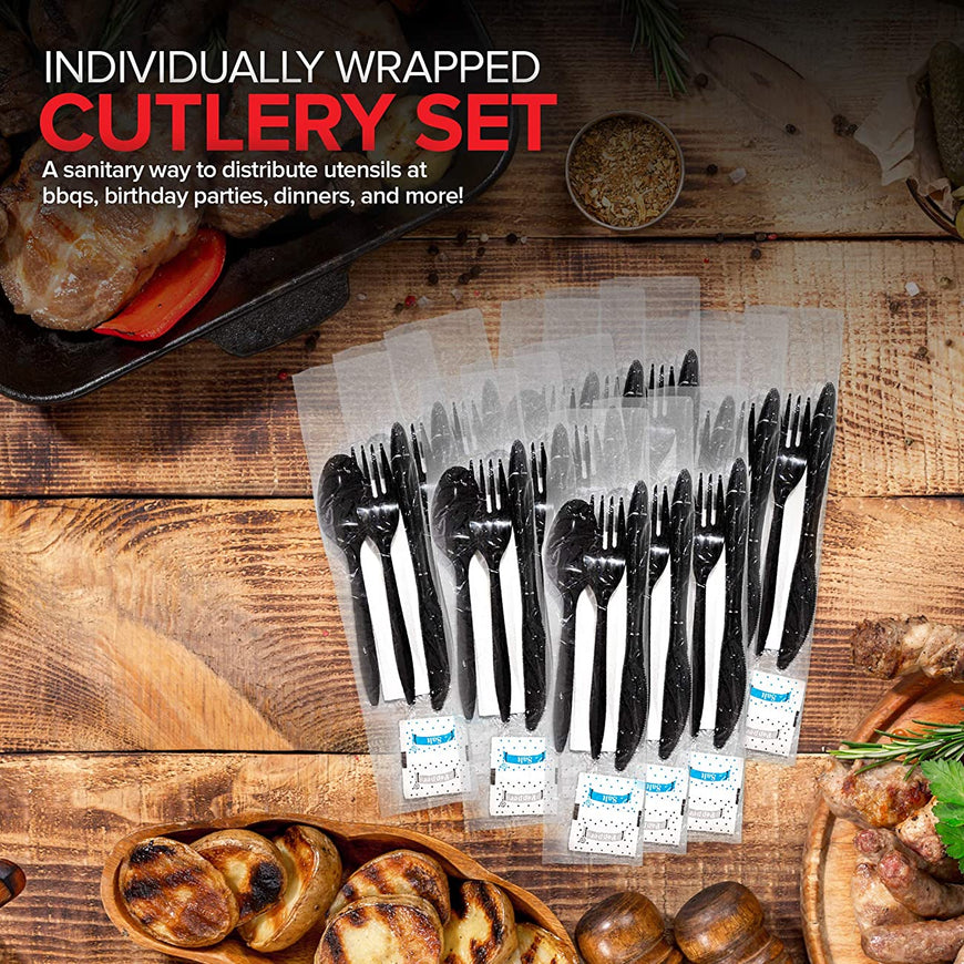 Stock Your Home Plastic Cutlery Packets with Salt & Pepper in Black (250 Count) - Wrapped Cutlery - Plastic Utensils Individually Wrapped for Take Out, Delivery, Cafeterias, Restaurants, Uber Eats