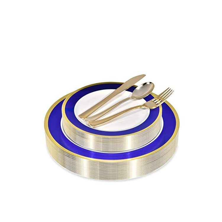 Blue and Gold Rim Plastic Dinnerware (125-Piece) Plastic Plates, Plastic Forks, Plastic Knives, Plastic Spoons - Service for 25 Guests Place Setting for Wedding, Party, Baby Shower, Birthday, Holiday