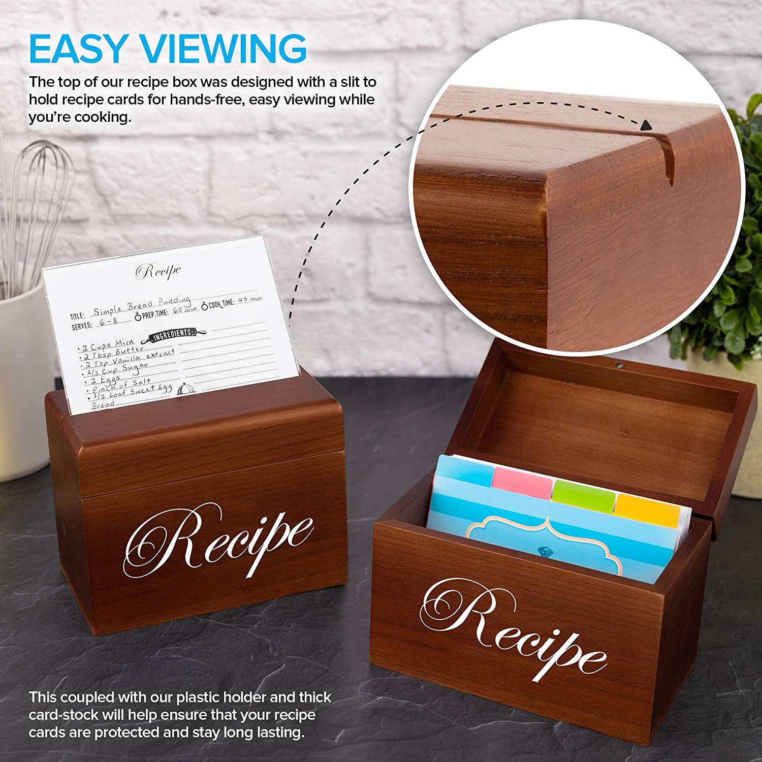Wooden Recipe Box with Cards and 24 Dividers with Meat, Veggie, Dessert  Tabs (7x5x5 in)