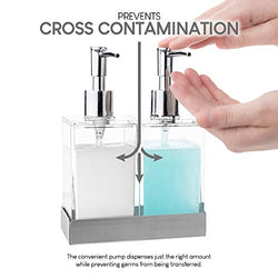 Modern Innovations Acrylic Twin Liquid Soap and Lotion Dispenser Set with Caddy - Double Soap Dispenser for Kitchen Sink - Clear Soap Dispenser for Bathroom, Shampoo, Conditioner, Body Wash