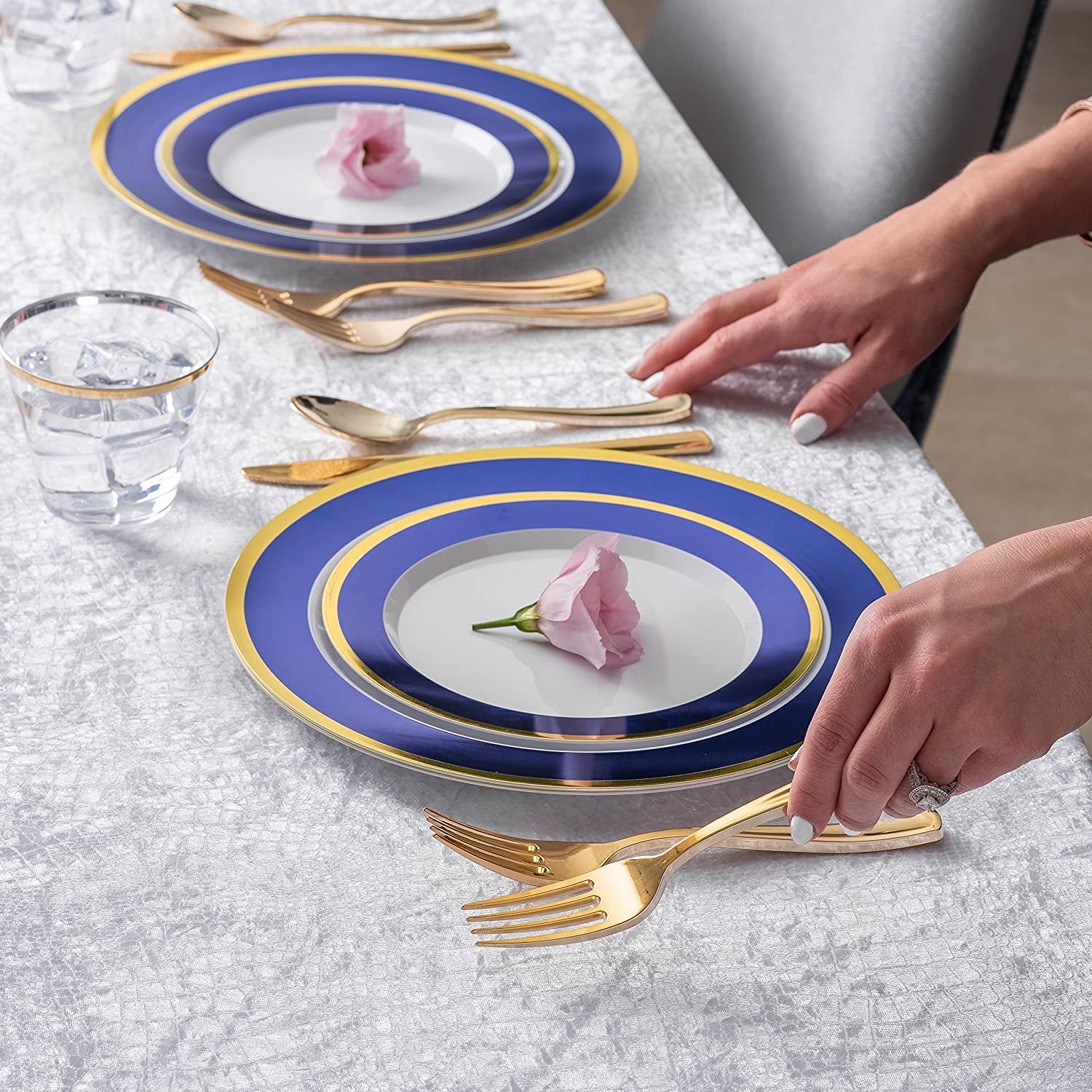 Blue and Gold Rim Plastic Dinnerware (200-Piece) Plastic Plates, Plast –  Stock Your Home