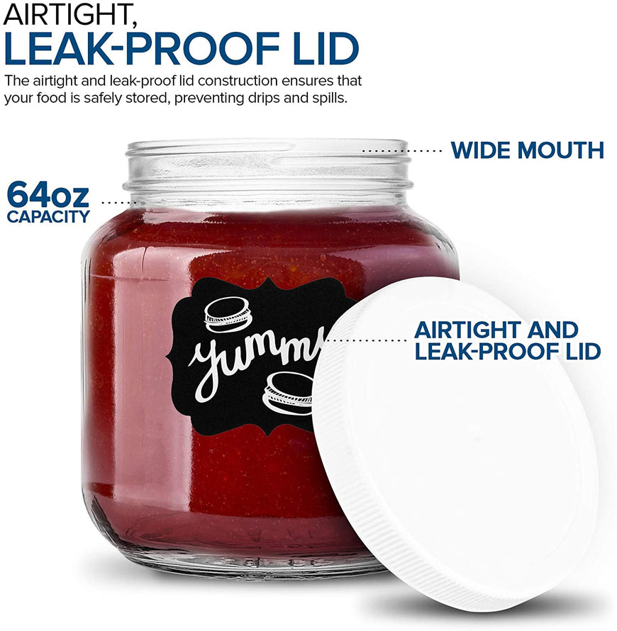 64 Oz Glass Jar with Plastic Airtight Lid (4 Pack) - Includes 6 Chalkboard Labels & 12 Pieces of Dustless Chalk - Half Gallon Mason Jar for pickling, fermentation, brewing, food storage
