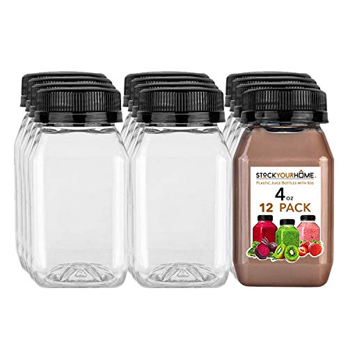 Stock Your Home Plastic Juice Bottles with Lids, Juice Drink Containers with Caps for Juicing Smoothie Drinking Cold Beverages, 4 Oz, 12 Count