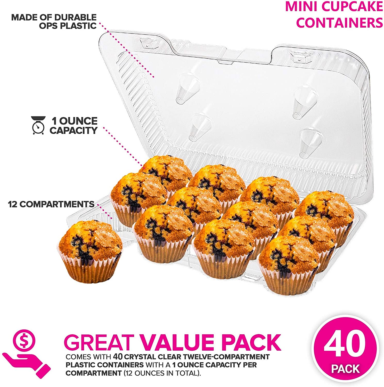 12 PC 4X3 Clear Clamshell Cupcake Container