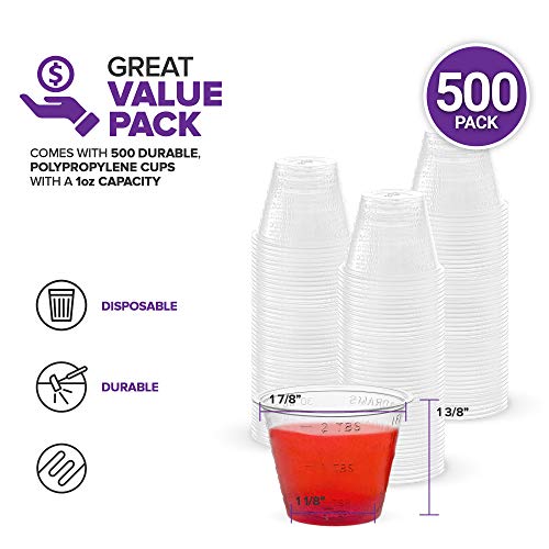 Stock Your Home 1 oz Disposable Medicine Cups (500 Count) - Clear Plastic Measuring Cups - Embossed Medicine Cups for Pills, Liquid Medicine, Epoxy, Cooking, Food Sampling, Wine Tasting, Jello Shots