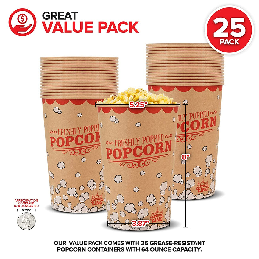 Stock Your Home 64 Oz Kraft Popcorn Buckets (25 Pack) - Grease Resistant Retro Style Popcorn Container- Vintage Kraft & Red Popcorn Buckets for Take Out, Movie Night, Theaters, Fair, Concessions