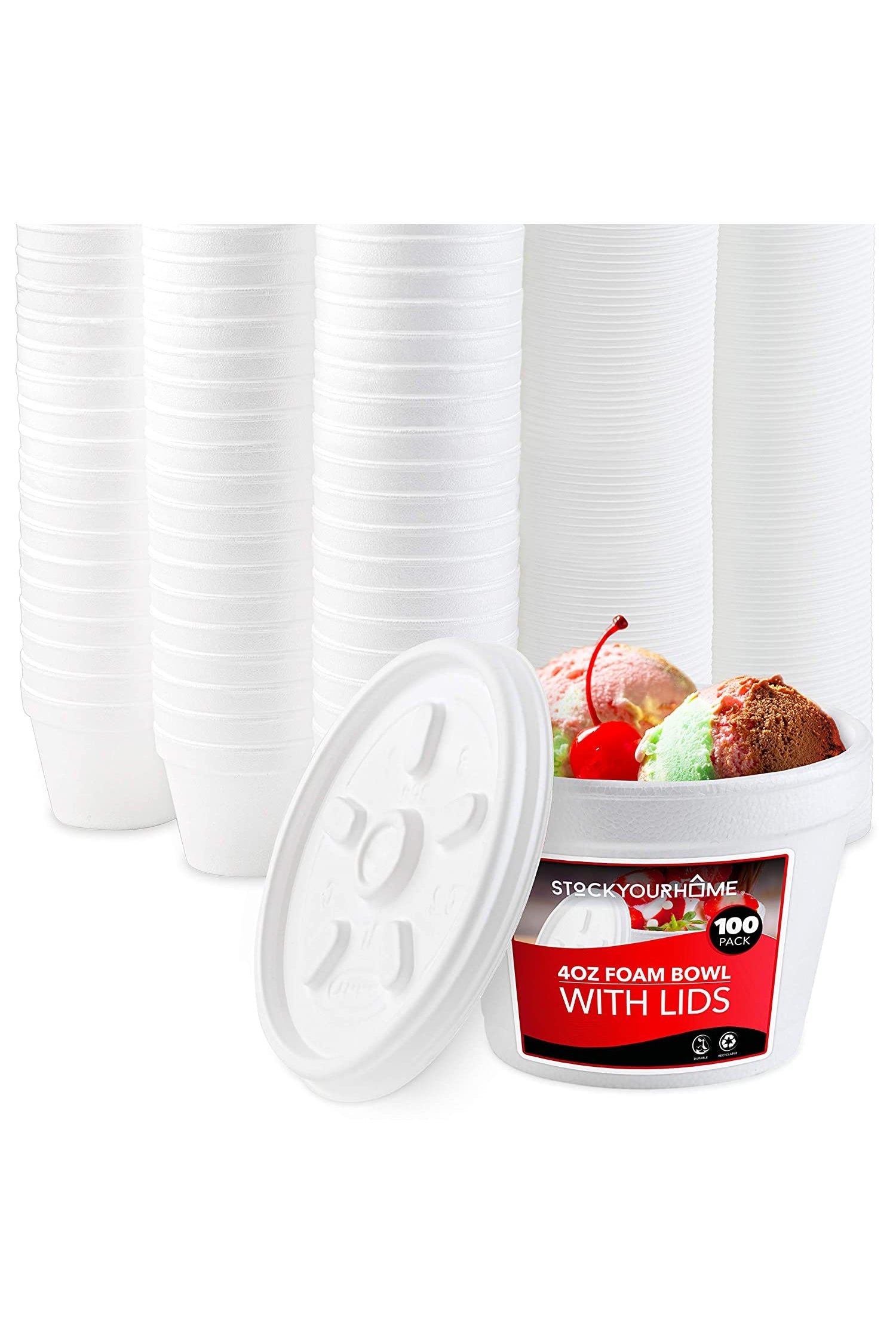 Stock Your Home 4 Ounce Foam Bowls with Lids (100 Count) - Styrofoam Bowls  with Lids - Insulated to Go Foam Cups - to Go Containers for Soup, Oatmeal