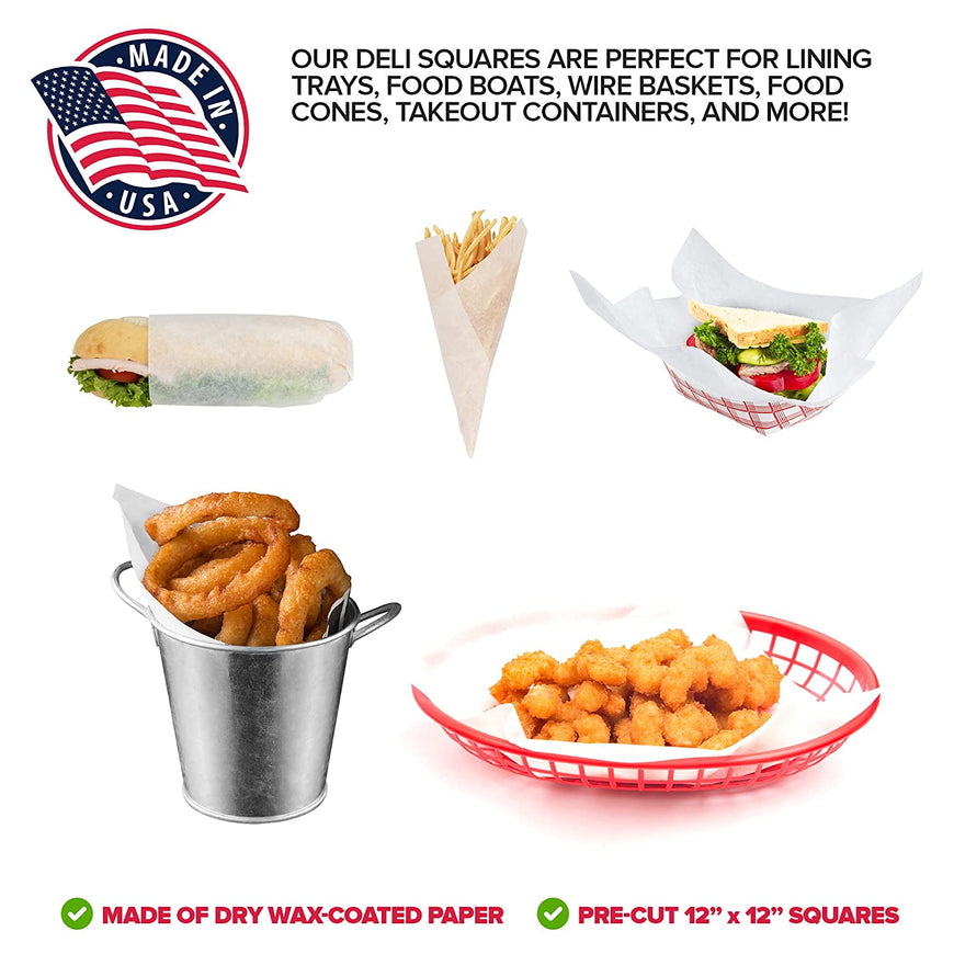 Stock Your Home 12 x 12 Grease Proof Deli Wrapper (500 Pack) - Pre Cut Natural Wax Paper Sheets - Recyclable Food Basket Liners - White Deli Papers For Sandwiches, Lining Wire Food Baskets, Food Trays
