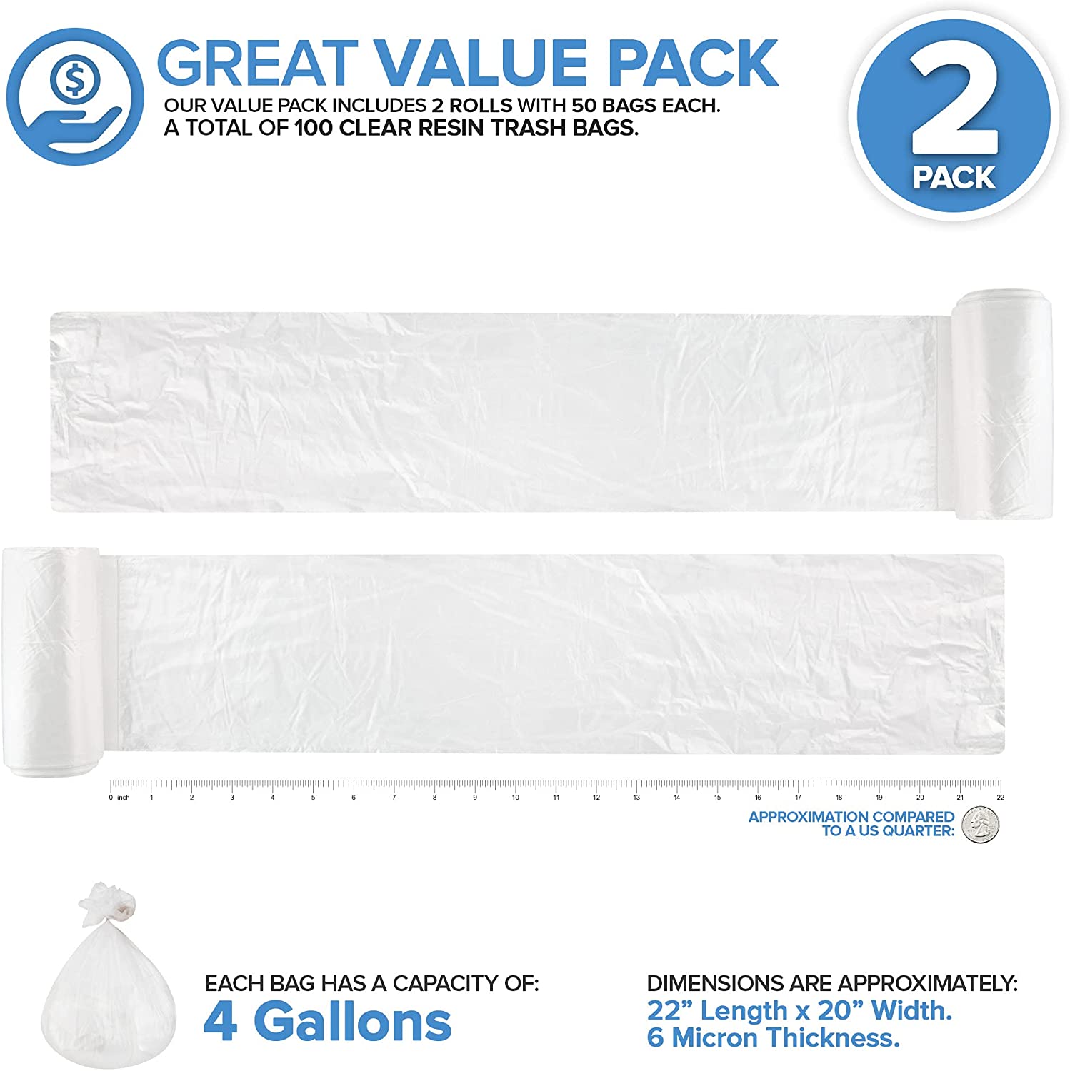 Stock Your Home 4 Gallon Clear Trash Bags (100 Pack) - Disposable Plas