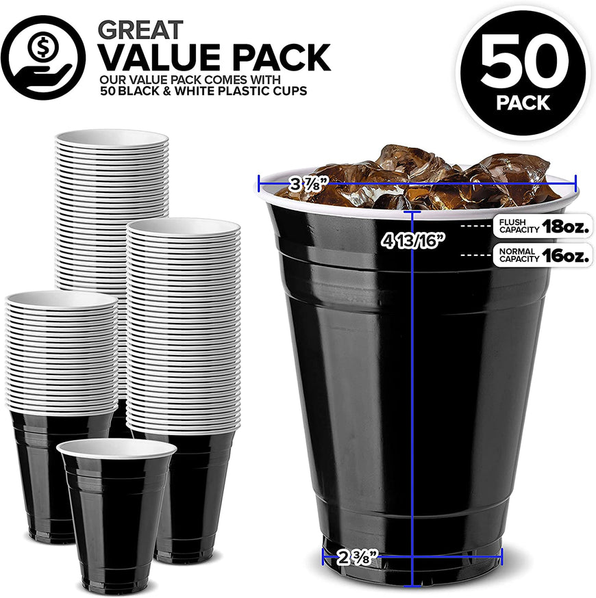 16-Ounce Plastic Party Cups in Black (50 Pack) - Disposable Plastic Cups - Recyclable - Black Cups with Fill Lines - Reusable Plastic Cups for Drinks, Soda, Punch, Barbecues, Picnics - Stock Your Home