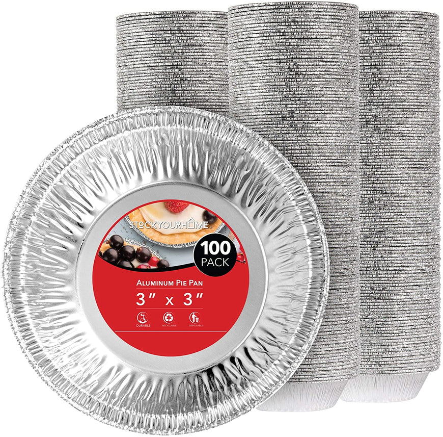 Stock Your Home 3 Inch Aluminum Foil Pie Pans (100 Count) - Disposable & Recyclable Mini Pie Pans - Foil Pie Tin for Bakeries, Cafes, Restaurants - Durable Mini Foil Pans for Pies, Fruit Tarts, Quiche