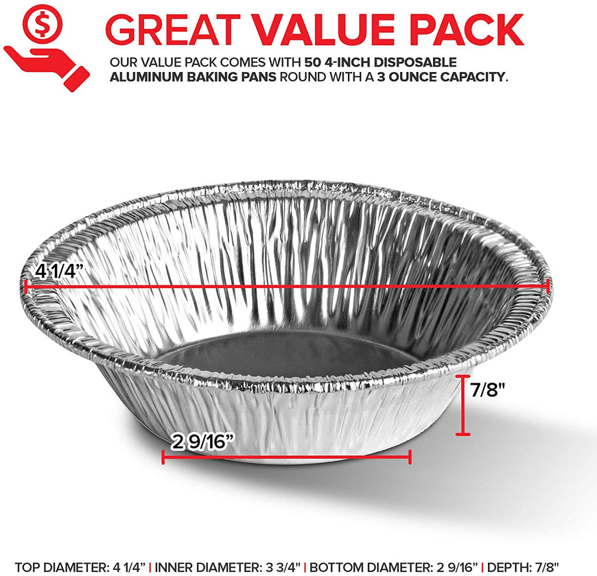Stock Your Home 4 Inch Aluminum Foil Pie Pans (50 Count) - Disposable & Recyclable Mini Pie Pans - Small Pie Tins For Bakeries, Cafes, Restaurants - Durable Mini Foil Pans for Pie, Fruit Tarts, Quiche