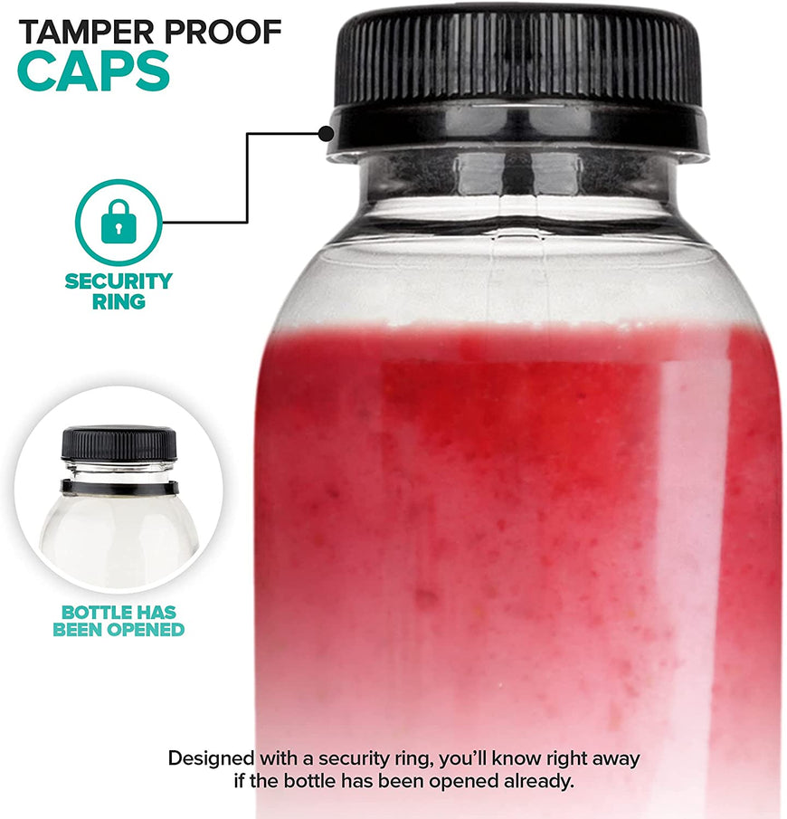12 Oz Round Plastic Bottles with Caps (12 Pack) - BPA-Free Juice Bottles with Lids - Food Grade Plastic Bottles - Tamper Proof Caps - Bottles for Juice, Milk, Protein Shake, Smoothie - Stock Your Home