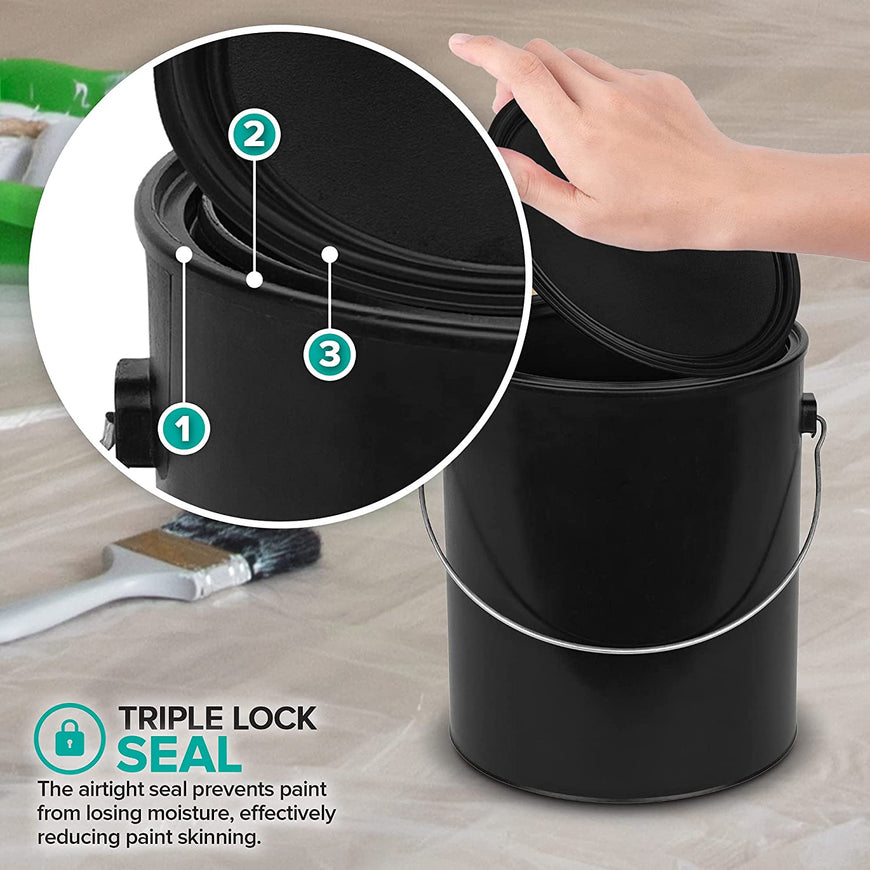 1 Gallon Plastic Paint Bucket (Black) - Triple Lock Airtight Seal - Minimizes Skimming - Rust Proof - Odor & Chemical Resistant - 128 Fl Oz All-Plastic Paint Can with Metal Handle - Stock Your Home