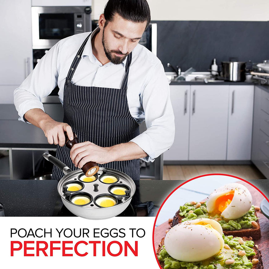 Egg Poacher Pan - Stainless Steel Poached Egg Cooker – Perfect Poached Egg Maker – Induction Cooktop Egg Poachers Cookware Set with 6 Large Egg Poacher Cups and Silicone Spatula