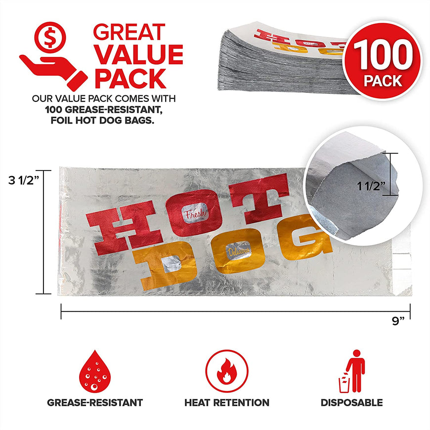 Aluminum Foil Hot Dog Wrappers (100 Pack) - Grease-Resistant Hot Dog Bags - Heat Retentive Hot Dog Sleeves - Keeps Food Hot - Disposable Hot Dog Bags for Fast Food, Food Truck, Fair - Stock Your Home