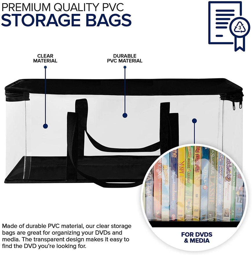 Stock Your Home DVD Storage Bags (4 Pack) - Transparent PVC Media Storage - Water Resistant DVD Holder Case with Handles - Clear Plastic Carrying Game Bag Storage for DVDs, CDs, Video Games, Books