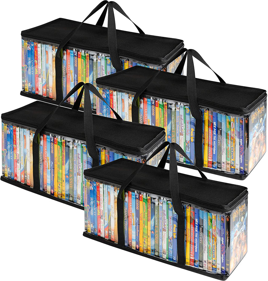 Stock Your Home DVD Storage Bags (4 Pack) - Transparent PVC Media Storage - Water Resistant DVD Holder Case with Handles - Clear Plastic Carrying Game Bag Storage for DVDs, CDs, Video Games, Books
