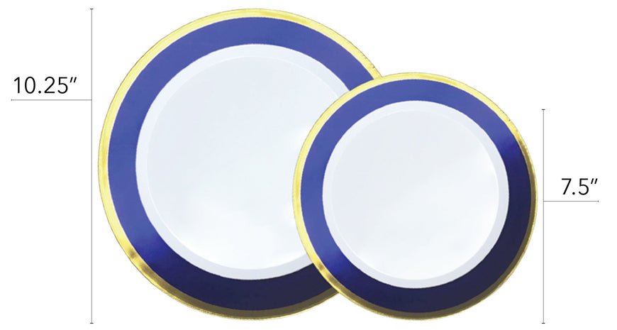 50 Piece Disposable Plates - Heavy Duty Plastic Dinnerware for Wedding Birthday Party Holiday Baby Shower - Includes 25 Dinner Plates and 25 Dessert Plates (Blue and Gold)