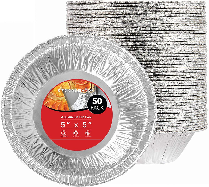 Stock Your Home 5 Inch Aluminum Foil Pie Pans (50 Count) - Disposable & Recyclable Mini Pie Pans - Foil Pie Tin for Bakeries, Cafes, Restaurants - Durable Mini Foil Pans for Pies, Fruit Tarts, Quiche