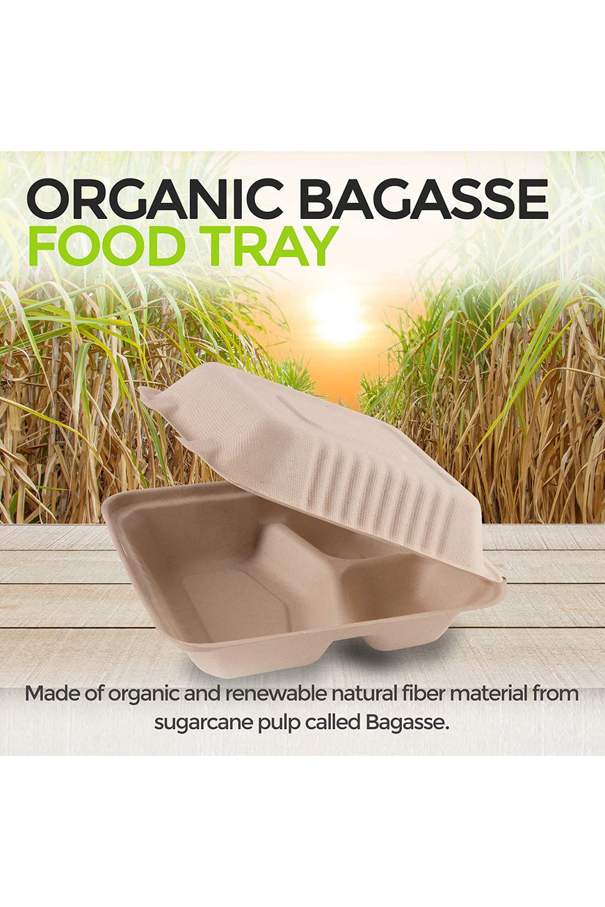 Bagasse Clamshell Takeout Containers, Biodegradable Eco Friendly Take Out to Go Food Containers with Lids (8x8) 50 Count