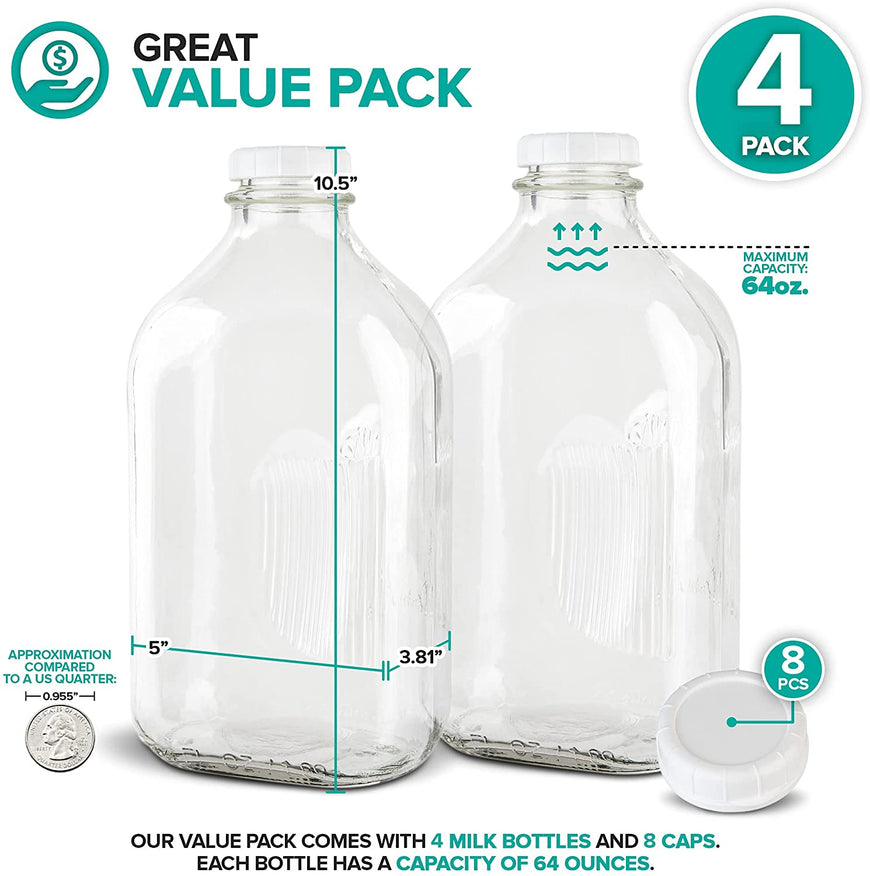 64- Oz Glass Milk Bottles with 8 White Caps (4 Count ) - Food Grade Glass Bottles - Dishwasher Safe - Bottles for Milk, Buttermilk, Honey, Tomato Sauce, Jam, Barbecue Sauce -Stock Your Home