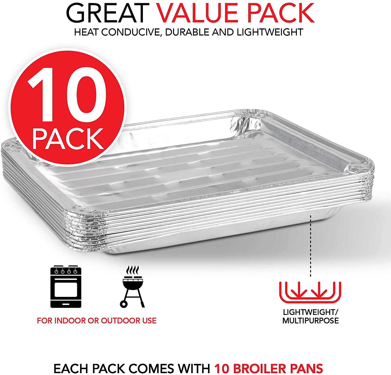 Stock Your Home Disposable Aluminum Foil Broiler Pans, 10 Pack, 13x9 I