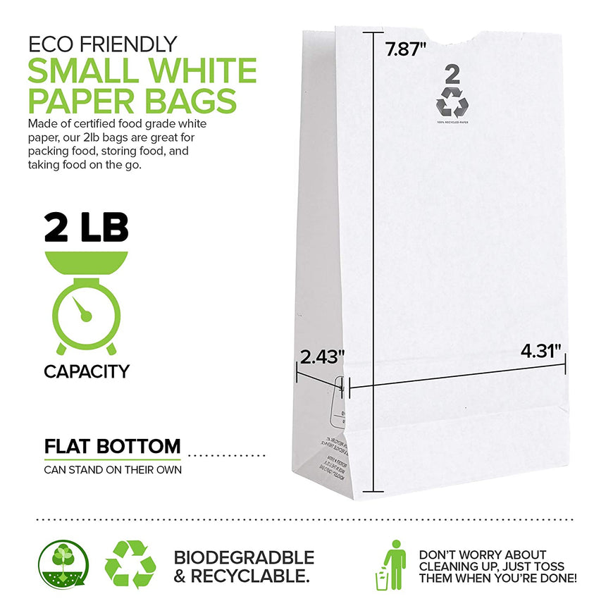 Stock Your Home 2 Lb White Paper Bags (250 Count) - Eco Friendly White Lunch Bags - Small White Paper Bags for Packing Lunch - Blank White Lunch Bags Paper for Arts & Crafts Projects